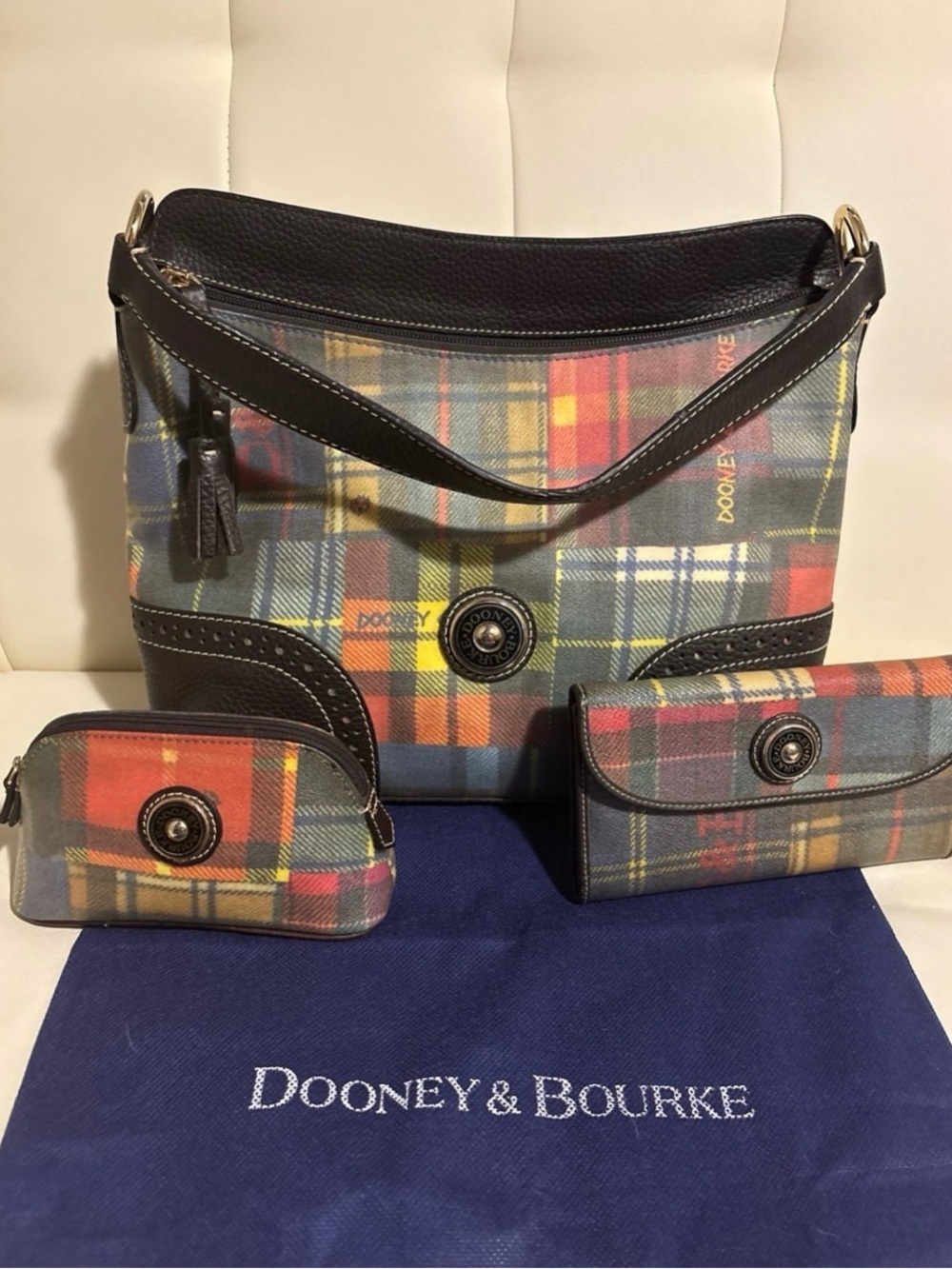 “Dooney & Bourke” Ladybug Tartan Shoulder Bag, Wallet & Cosmetics Bag Set, NEW!